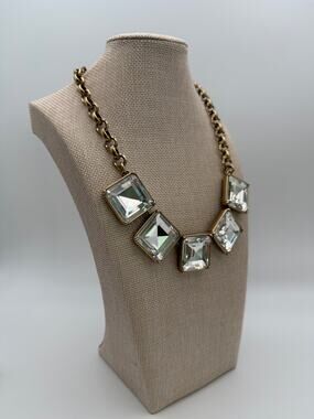 J.Crew Chunky Crystal Statement Necklace Antique Gold Brass Tone Geometric Bib